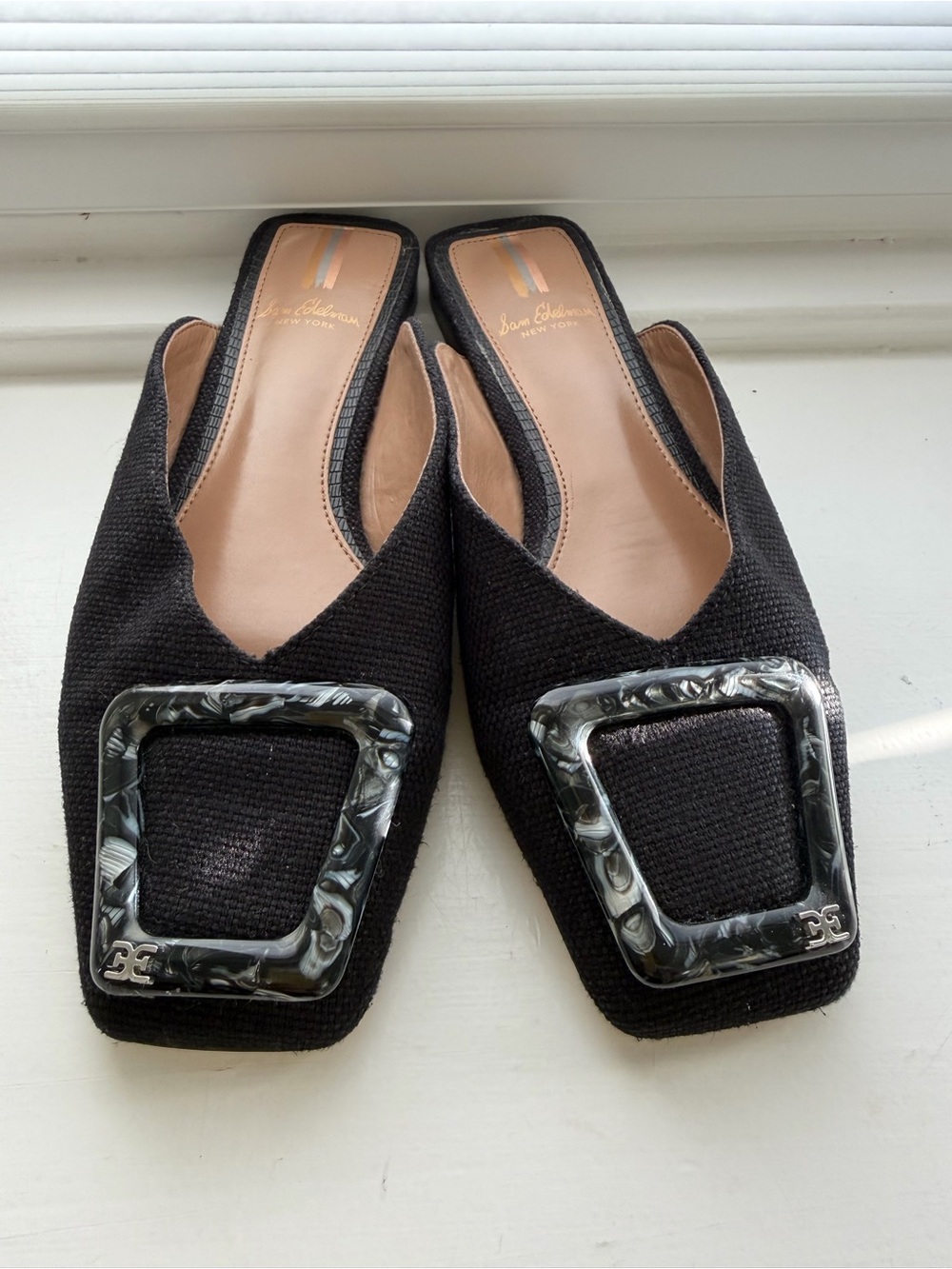 Sam Edelman Black Square-Toe Mules with Marbled Buckle